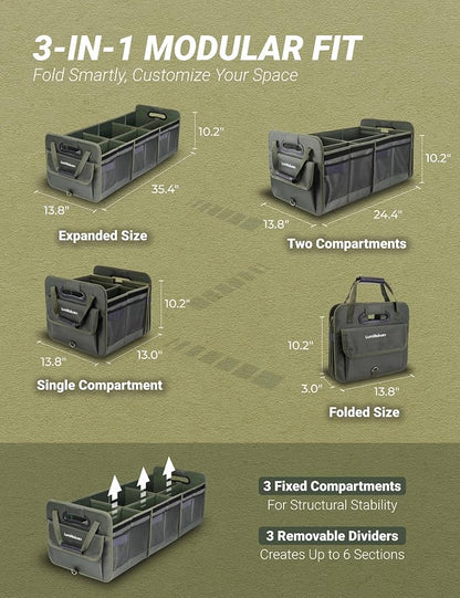 Heavy Duty Trunk Organizer with Lid for Car SUV-1680D Water-Resistant Fabric &3.5mm PP Skeleton,Collapsible Cargo Storage Box with No Sliding Metal Hooks,Fits Tesla,Truck,Sedan (XL Green