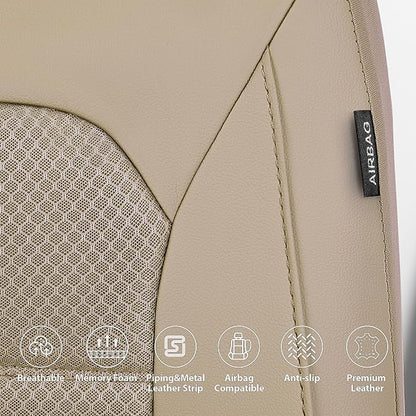 CAR PASS Memory Foam Car Seat Covers,Air Cool Mesh Thick Seat Covers Front Seats,Beige Leather Seat Cover for Car,Universal Automotive Comfort for Most Cars,SUV,Trucks,Airbag Compatible,All Beige