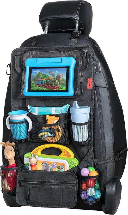 Lusso Gear Backseat Car Organizer- Kick Mat Protects Against Kids Feet - 12 Large Storage Pockets - iPad,Tablet, Water Bottle Holder- Durable, Heavy Duty Road Trip Essential (Black)