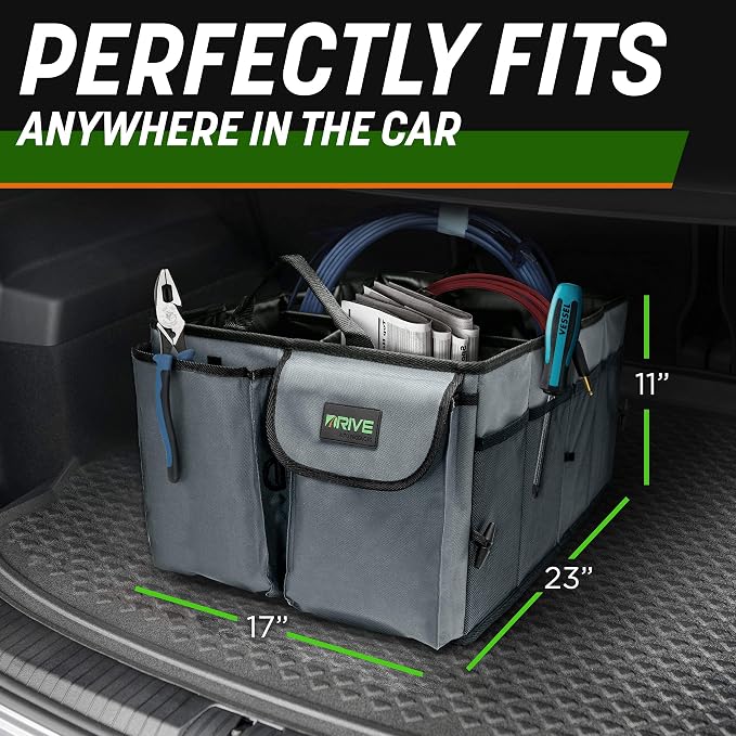 DRIVE - Car Trunk Organizer - Collapsible, Multi-Compartment Automotive SUV Car Organizer for Storage w/Adjustable Straps - Truck & Car Accessories for Women and Men - Tan