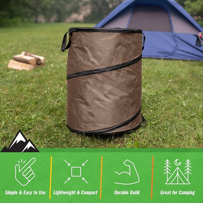 Wakeman Outdoor Trash Can - 46-Gallon Collapsible Garbage Can with 3 Stakes - Pop Up Trash Can for Camping, Storage, or Yard Waste Outdoors (Beige)