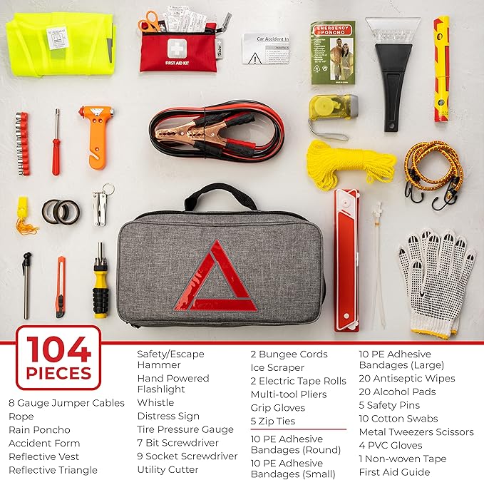 Thrive Emergency Car Kits for Vehicles - Roadside Emergency Car Kit (104 Pieces) - Car Kits for Emergency - Roadside Car Kit with Jumper Cables and Mini First Aid Kit - Gray Bag