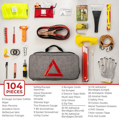 Thrive Emergency Car Kits for Vehicles - Roadside Emergency Car Kit (104 Pieces) - Car Kits for Emergency - Roadside Car Kit with Jumper Cables and Mini First Aid Kit - Gray Bag