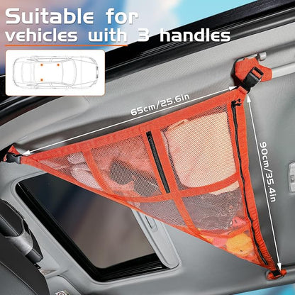 3 Handles Car Ceiling Cargo Net for Inside Car Roof,Interior Mesh Storage,Truck SUV Travel Long Road Trip Camping Interior Accessories 35.4"x25.6",Orange