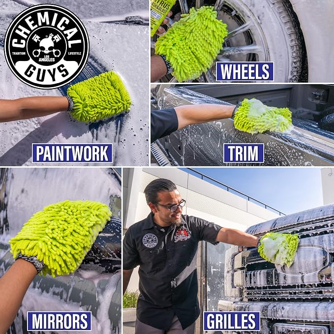 Chemical Guys Chenille Premium Scratch-Free Microfiber Wash Mitt for Car Washing - Lime Green, Ultra-Soft Car Wash Glove, Swirl-Free Finish, Safe for Trucks, SUVs, Motorcycles, and More