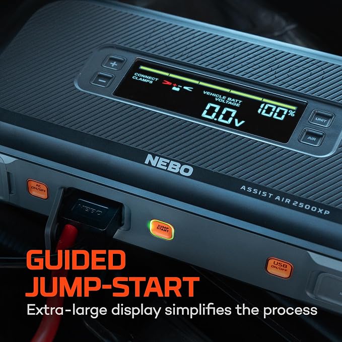 NEBO Assist 2500A Jump Starter & Air Compressor | 2500 Peak Amps, 74Wh Portable Car Jump Box for 12V Vehicles & Tire Inflator with Auto Shut-Off, Spark-Proof, USB-C Power Bank, Emergency LED Light