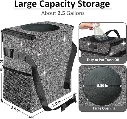 Cute Mini Car Trash Bag with Lid, Glitter Garbage Can Bin Hanging for Back/Front Seat/Console, Waterproof, Leakproof, 2.5 Gallon, Black Bling Sparkly