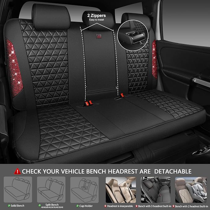 CAR PASS Bling Diamond Black Red Leather Car Seat Covers Full Set, Waterproof Shining Glitter Sparkly Crystal Universal Armrest Fit Automotive Truck SUV Women Girl, Rhinestone Interior Cover Set, Red