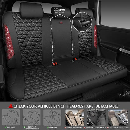 CAR PASS Bling Diamond Black Red Leather Car Seat Covers Full Set, Waterproof Shining Glitter Sparkly Crystal Universal Armrest Fit Automotive Truck SUV Women Girl, Rhinestone Interior Cover Set, Red