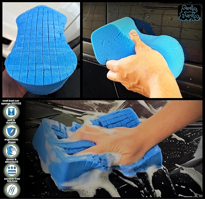 Sudz Budz® Premium Grid Car Wash Sponge 2pc Jumbo/Ergonomic | Anti-Marring Sponge for Soap and Rinseless Washing | Soft, Scratch-Free, Durable Foam. Cross-Cut Sponges for Cleaning and Detailing