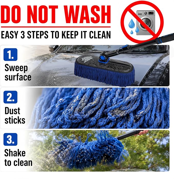 Flash Dog Waterless Car Duster - Wax Cotton Strands 360°Swivel Head & Extendable Aluminum Alloy Handle for Scratch-Free Dusting on Cars, Trucks, SUVs, RVs