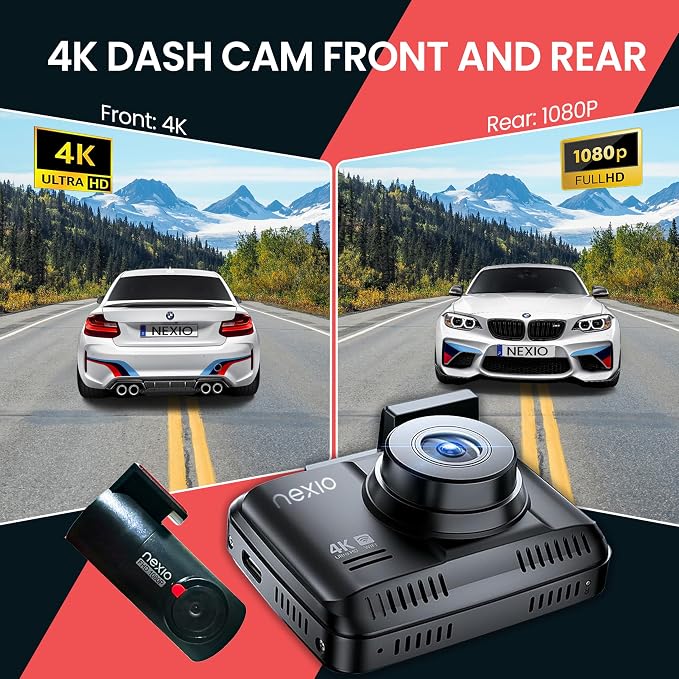 NEXIO N5Pro 4K Dual Dash Cam Front and Rear, WiFi 6 Fast Transfer, Free 64GB Card, GPS, ADAS Safety Alerts, Night Vision, 24H Parking Surveillance, Supercapacitor, App Control, Dash Camera for Cars
