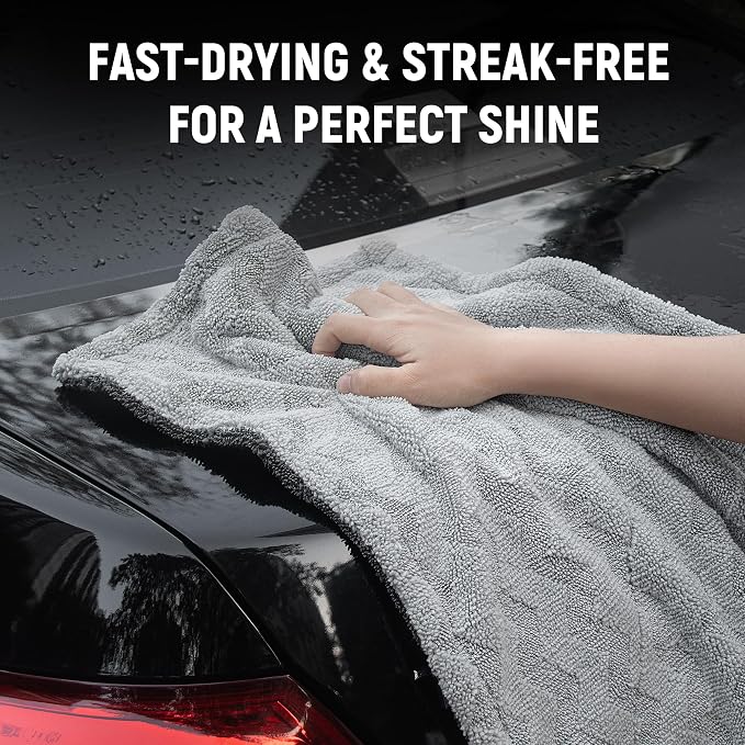 LIVOS 1000GSM Car Drying Towel, 18" x 24" Dual Sided Microfiber Towels for Cars, Ultra Absorbent Lint & Scratch-Free, Edgeless Twisted-Loop, Premium Wash Towel, Wave Silver&Grey