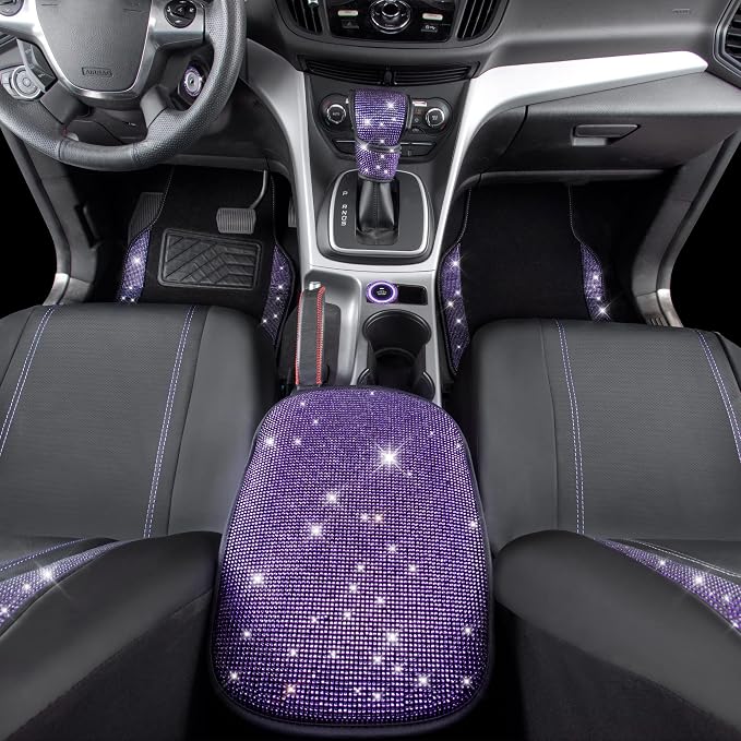 CAR PASS Bling Rhinestone Diamonds Car Seat Covers Leather Shining Rhinestone Car Floor mats Carpet with Anti-Slip Nibs Sparkly Car Accessories Sets Women Glitter Crystal Combo Set Violet Purple