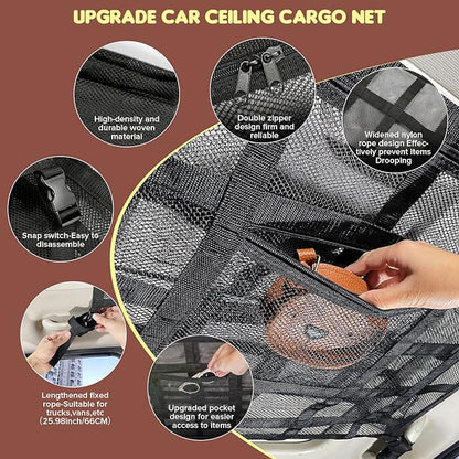 Upgrade Car Ceiling Cargo Net Pocket,31.5"x21.6" Double-Layer Roof Storage Organizer,Overhead Net for SUV & Van Camping,Travel Road Trips,Van Life Essentials,Fit 4 Handle Vehicles