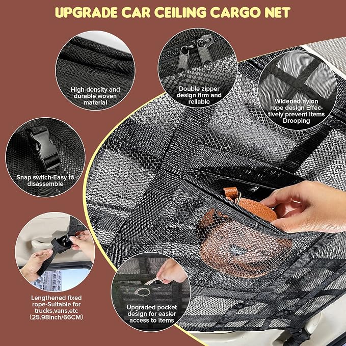 SUV Car Ceiling Cargo Net Pocket,35.4"x23.6" Double-Layer Mesh Car Roof Storage Organizer for Ford,F150,Jeep,Honda CRV,RAV4,Van Organizers and Storage,Camping Accessories