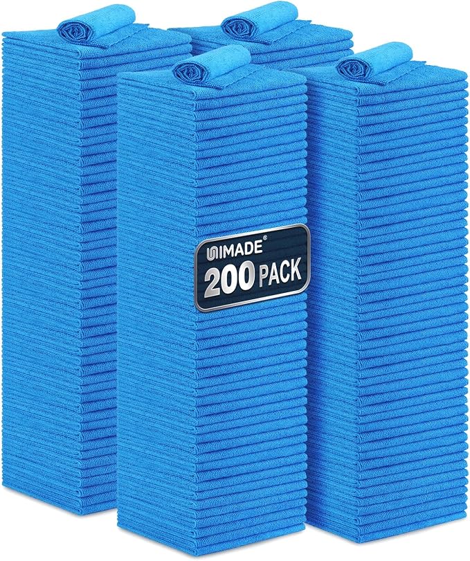 UNIMADE Shop Towel Rag, 200 Pack Reusable Rags Bulk Microfiber Cleaning Cloth Lint Free Towels for Car Kitchen Automotive Bar Mechanic Restaurant Garage, 11.5"x 11.5", Blue