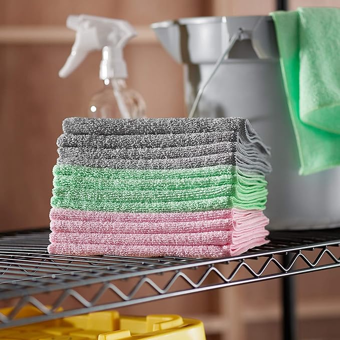 Amazon Basics Microfiber Cleaning Cloths, Ultra Absorbent, Scratch-Free, Non-Abrasive, Reusable and Washable, 16" x 12", Green/Gray/Pink, 48-Pack