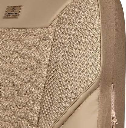 CAR PASS 3D Foam Mesh Leather Car Seat Covers Full Set, Tan Breathable Mesh Faux Leather Seat Covers for Car, Universal Fit for SUV Truck Sedan Automotive, Armrest Airbag Compatible, All Beige