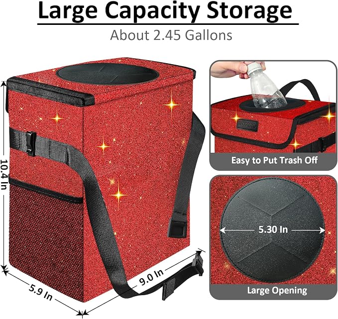 Car Trash Can, Cute Mini Trash Bag With Lid, Glitter Garbage Bin Hanging for Back/Front Seat/Console, Waterproof, Leakproof, 2.5 Gallon, Red Bling Sparkly