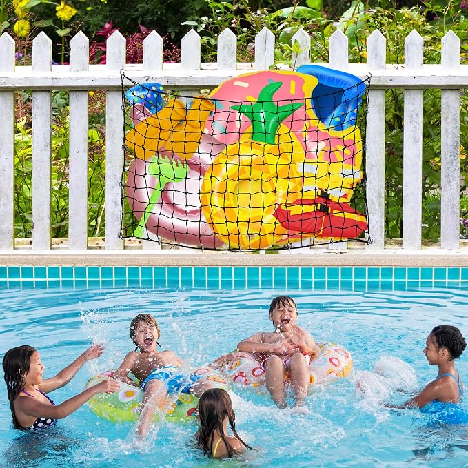 Extra Large Pool Toy Float Storage Net, 71×47'' Heavy Duty Hanging Elastic Mesh Net Organizer with 20 Hooks, 50 Cable Ties, Swimming Poolside Fence Toys Holder for Inflatable Rafts Pool Noodles Balls
