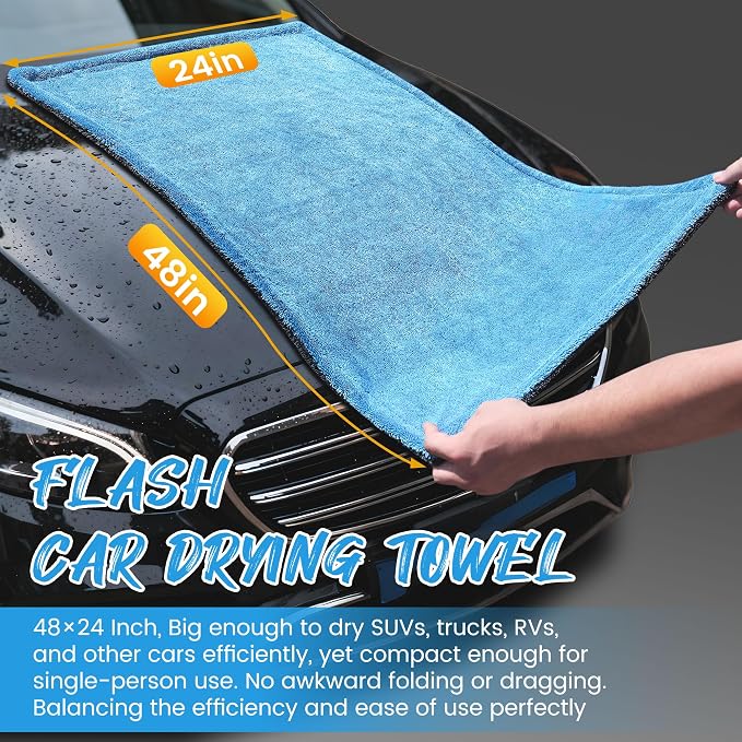 PUGPIU Microfiber Car Drying Towel Extra Large Super Absorbent 48"X24", 1400 GSM Flash Detail Car Wash Drying Towel Edgeless with Two Sided Soft Twisted-Loop, No Water Spots Streaks for Cars (Blue)