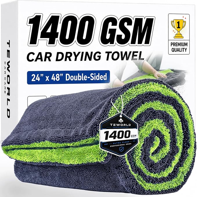 1400 GSM Car Drying Towels – XXL Microfiber Towels for Cars (48" x 24"), Ultra-Absorbent, Streak-Free, Scratch-Free, No Water Spots, Double-Twist Pile & Edgeless Design