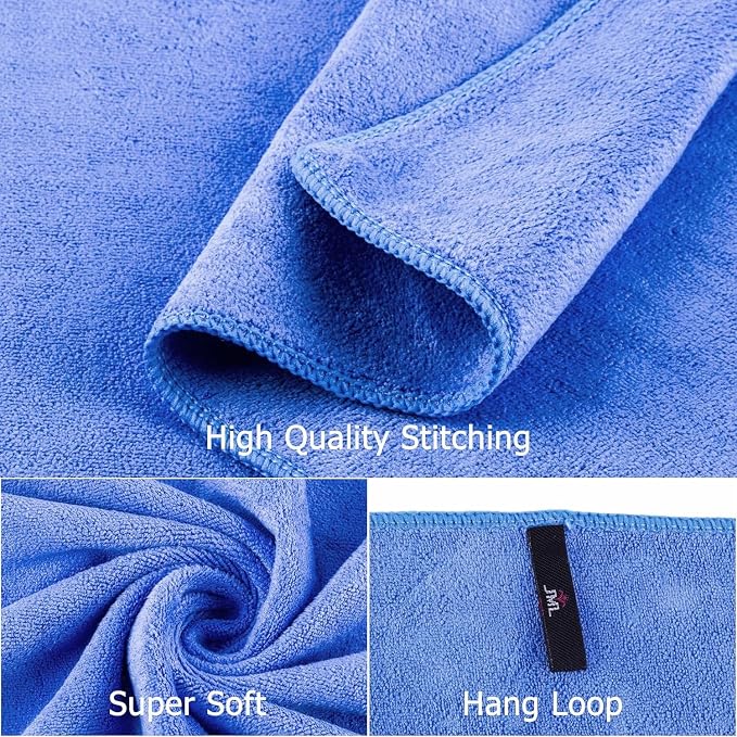 JML Microfiber Bath Towels Set with Hanging Loop, Blue, 27" x 55", 6 Pack | Large, Absorbent, Soft, Fast Drying, Lint free, Fade Resistant, Multipurpose for Adult, Beach, Pool, Sport, Yoga