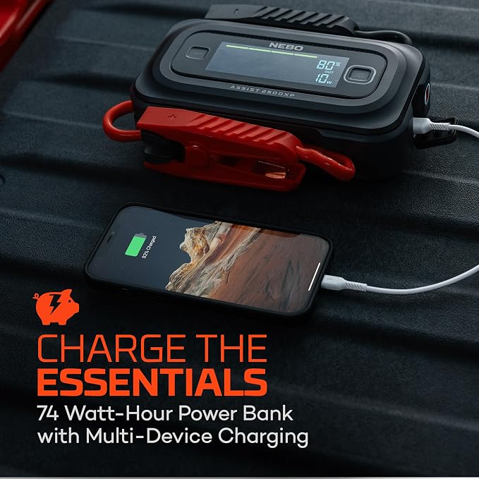 NEBO Assist 2500A Jump Starter | 2500 Peak Amps, Portable Battery Booster Pack for 12V Vehicles, Spark-Proof, USB-C Rechargeable Power Bank, LED Emergency Light, Compact 3-in-1 Roadside Kit