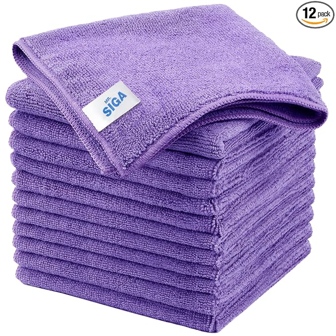 MR.SIGA Microfiber Cleaning Cloths, All-Purpose Microfiber Towels, Streak Free Cleaning Rags, Pack of 12, Purple, Size 32 x 32 cm(12.6 x 12.6 inch)