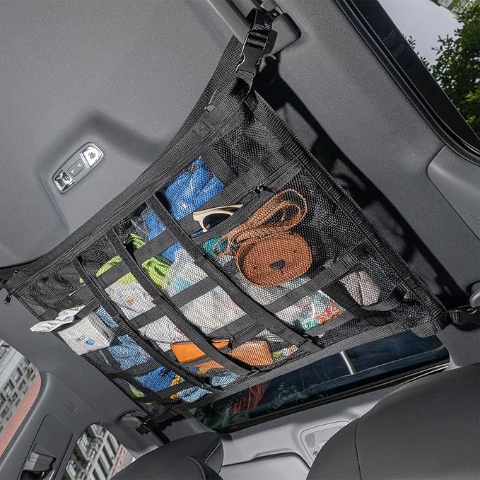 Car Ceiling Cargo Net with 3 Pockets,35.4"x23.6" Car Overhead Storage Mesh Organizer,Double Layer Roof Mesh Camping Overlanding Gear Must Haves Cargo Net,Road Trip Essentials (35.4"x 23.6")