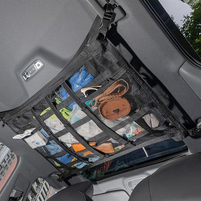 Car Ceiling Cargo Net with 3 Pockets,35.4"x23.6" Car Overhead Storage Mesh Organizer,Double Layer Roof Mesh Camping Overlanding Gear Must Haves Cargo Net,Road Trip Essentials (35.4"x 23.6")