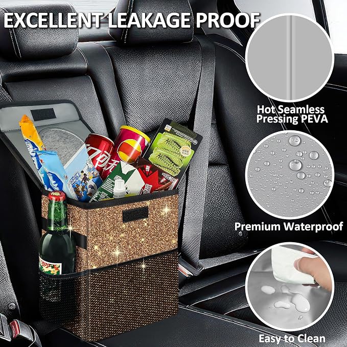 Cute Mini Car Trash Bag with Lid, Glitter Garbage Can Bin Hanging for Back/Front Seat/Console, Waterproof, Leakproof, 2.5 Gallon, Brown Bling Sparkly