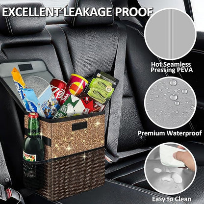 Cute Mini Car Trash Bag with Lid, Glitter Garbage Can Bin Hanging for Back/Front Seat/Console, Waterproof, Leakproof, 2.5 Gallon, Brown Bling Sparkly