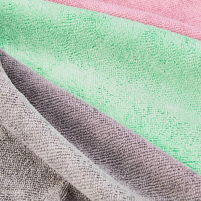 Amazon Basics Microfiber Cleaning Cloths, Ultra-Soft and Highly Absorbent, Streak-Free, Lint-Free, Scratch-Free, Washable, for Car Detailing and Glass Cleaning, 16" x 12", Green/Gray/Pink, 24-Pack