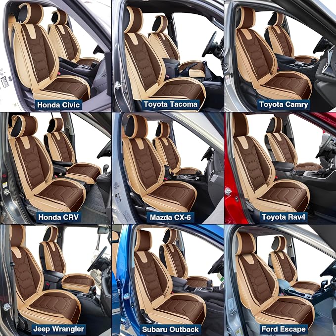 OASIS AUTO Car Seat Covers Front Seats, Sporty Honeycomb Waterproof Faux Leather Protectors, Universal Fit for SUV, Sedan, Truck Interior Accessories (OS-004 Coffee)