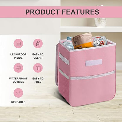 Healsmart 2 Gallon Car Trash Can Lid and Storage Pockets, Leak-Proof Collapsible and Portable Organizer, Multipurpose Garbage Bin with Adjustable Straps, Pink