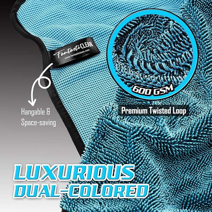 Fantasticlean Large Car Drying Towels- 2 Pack, 32‘’ by 24'' - Premium Microfiber Cleaning Cloth with Dual-Colored Twisted Loop, Ultra Absorbent, Scratch-Free for Instant Car Detailing (Blue)