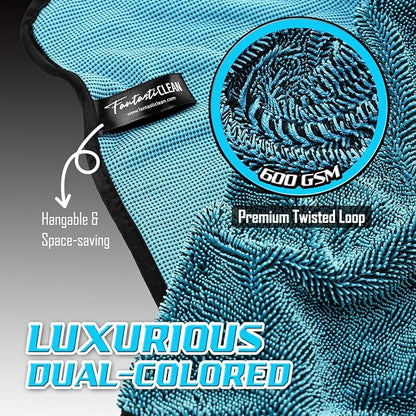 Fantasticlean Large Car Drying Towels- 2 Pack, 32‘’ by 24'' - Premium Microfiber Cleaning Cloth with Dual-Colored Twisted Loop, Ultra Absorbent, Scratch-Free for Instant Car Detailing (Blue)