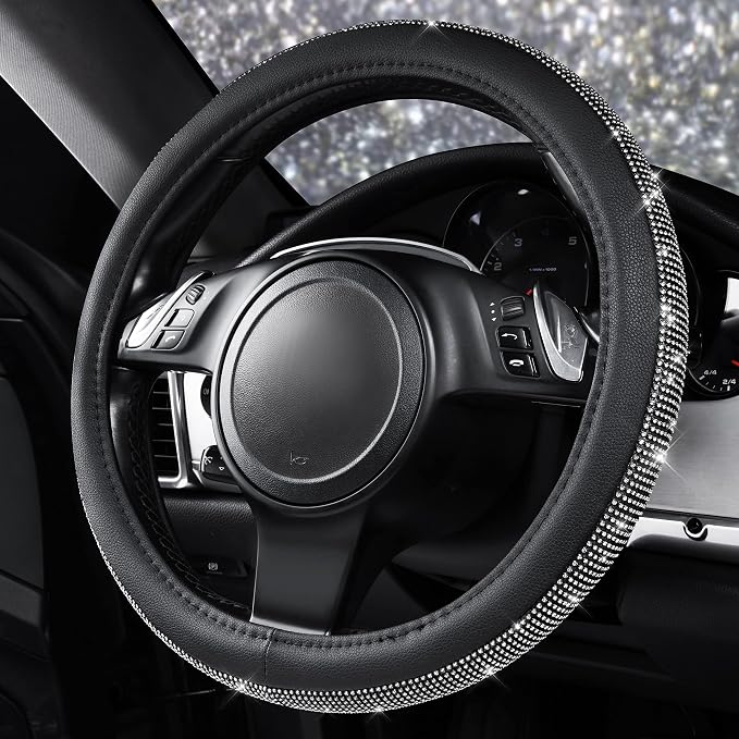 CAR PASS Diamond Black Leather Steering Wheel Cover, with Bling Crystal Rhinestones Universal Fit 14" 1/2-15" Crystal Glitter for Women Sparkle Girl Fit Suvs,Vans,Sedans,Cars,Trucks, White Diamond