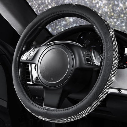 CAR PASS Diamond Black Leather Steering Wheel Cover, with Bling Crystal Rhinestones Universal Fit 14" 1/2-15" Crystal Glitter for Women Sparkle Girl Fit Suvs,Vans,Sedans,Cars,Trucks, White Diamond