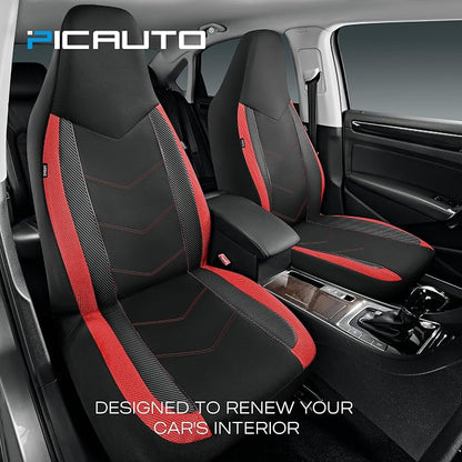 PIC AUTO Car Seat Covers - High Back Front Seat Covers, Sports Carbon Fiber Mesh Design, Universal Fit, Airbag Compatible (Red)
