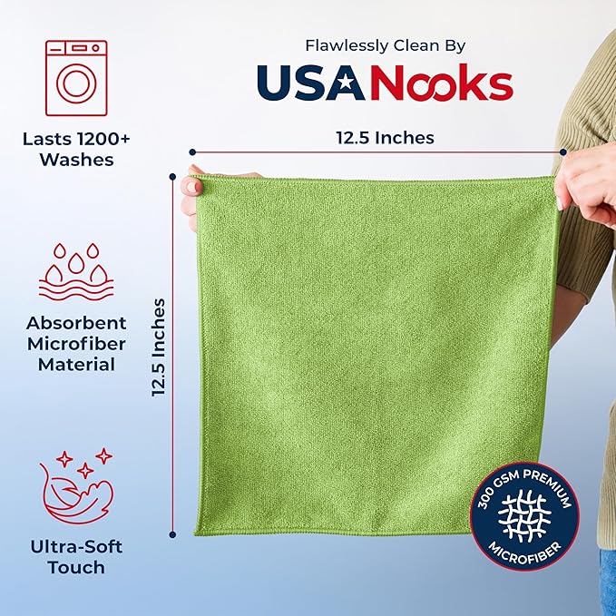 USANOOKS Microfiber Cleaning Cloth Light Green - 8 Pcs 12.5"x12.5" - High Performance - 1200 Washes, Ultra Absorbent Towels Weave Grime & Liquid for Streak-Free Mirror Shine - Car Washing Cloth