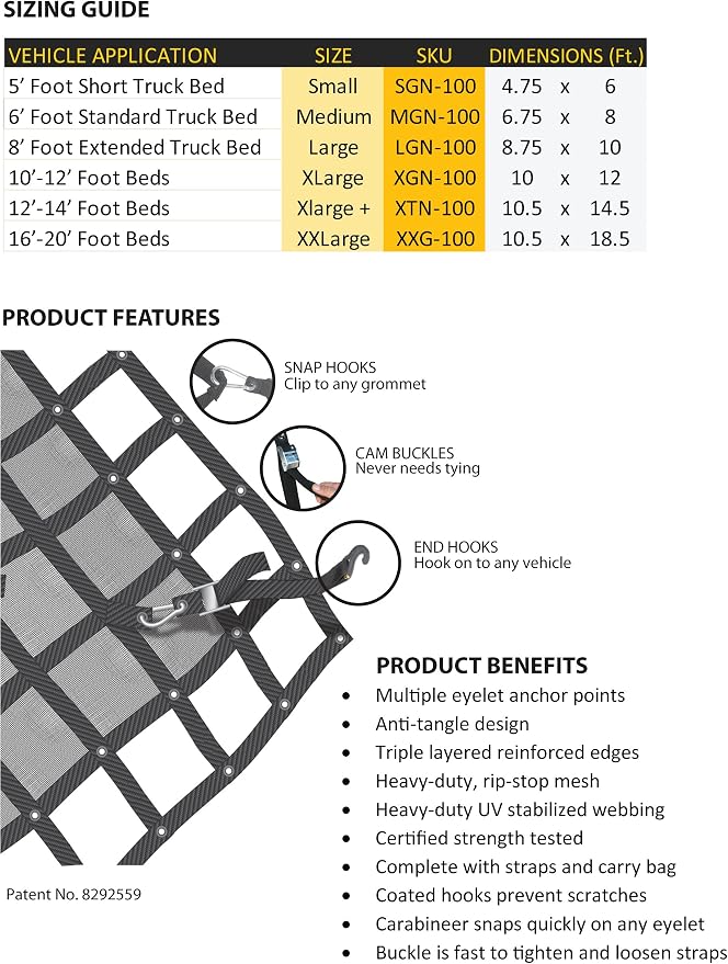 Gladiator Cargo Net - Heavy Duty Truck Cargo Net - Double Extra Large (XXG-100) 10.5' x 18.5' ft.