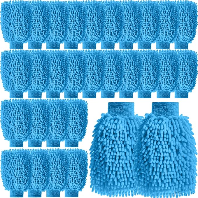24 Pack Car Wash Mitt Bulk Microfiber, 10'' x 8'' Chenille Car Wash Mitt Gloves, Scratch Free Double Sided No Lint No Marks for Truck SUV and All Vehicle Surfaces (Blue)