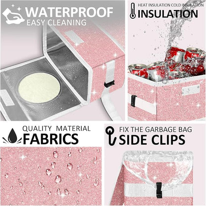 Cute Mini Car Trash Bag with Lid, Glitter Garbage Can Bin Hanging for Back/Front Seat/Console, Waterproof, Leakproof, 2.5 Gallon, Pink Bling Sparkly