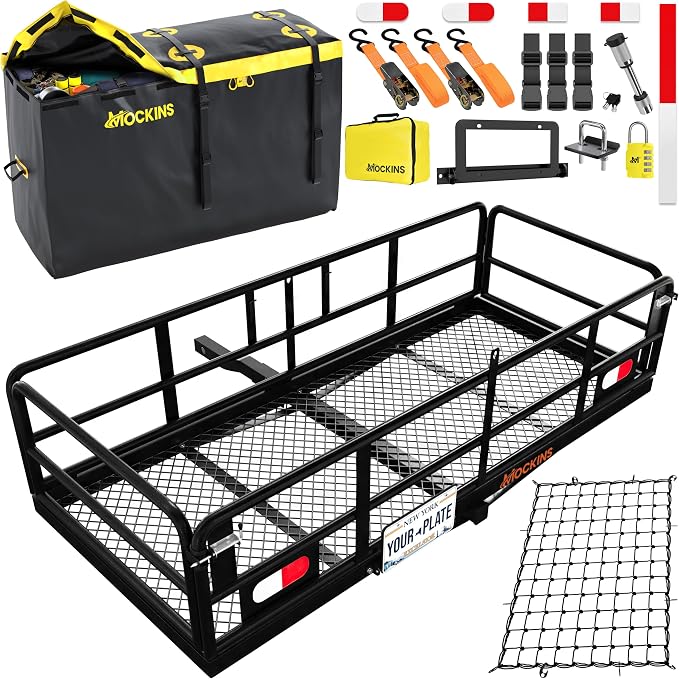 Mockins 60"x24"x14" High Rail Trailer Hitch Cargo Carrier w/License Plate Bracket & 30 Cu.Ft. Waterproof Cargo Hitch Carrier Bag | 500 Lbs. Cap All-Weather Folding Luggage Rack for SUV Truck & Car Set