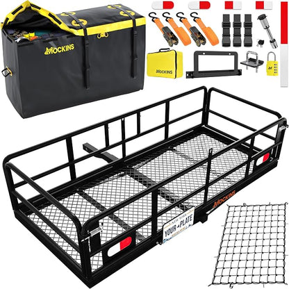 Mockins 60"x24"x14" High Rail Trailer Hitch Cargo Carrier w/License Plate Bracket & 30 Cu.Ft. Waterproof Cargo Hitch Carrier Bag | 500 Lbs. Cap All-Weather Folding Luggage Rack for SUV Truck & Car Set