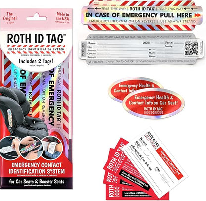 Emergency Contact Identification System for Car Seats, Booster Seats, Baby Gear | Mega ROTH ID TAG Kit (10 Tags)