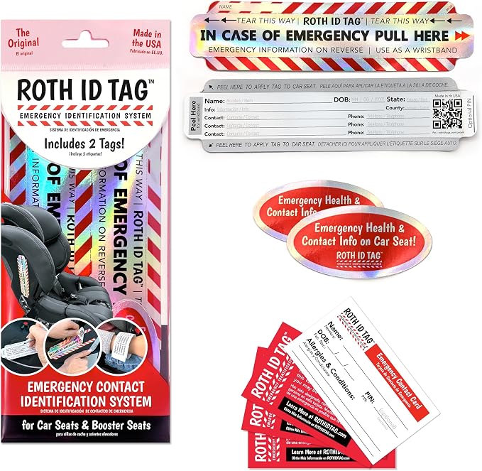 Emergency Contact Identification System for Car Seats, Booster Seats, Baby Gear | Family ROTH ID TAG Kit (6 Tags)